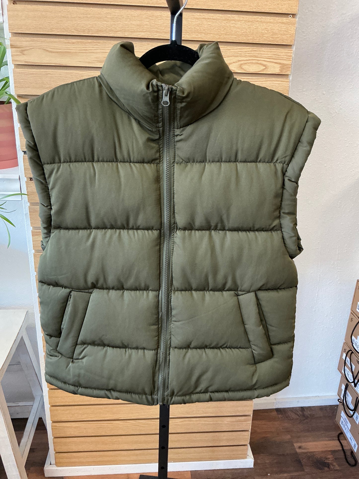 New In High Neck Puffer Vest - Olive