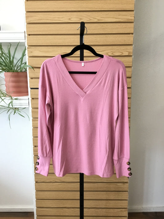V Neck Button Detail Long Sleeve - Pink