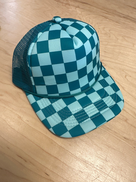 Aqua/Forest Checker Front Trucker Hat