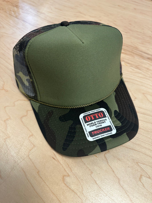 Otto Adult High Crown Trucker - Dark Olive/Camo