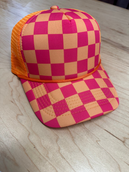 Pink/Orange Checker Front Trucker Hat