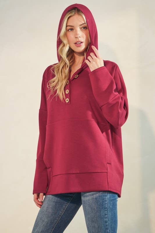 SOLID MODAL SCUBA BOTTON UP HOODIE KANGAROO: Burgundy