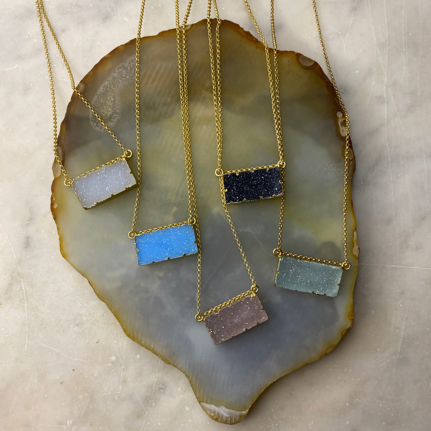 Druzy Agate Rectangle Bar Matte Gold Necklace