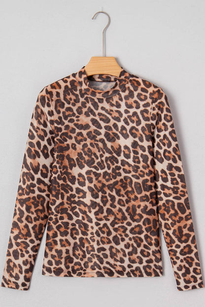 Leopard Mock Neck Mesh Top