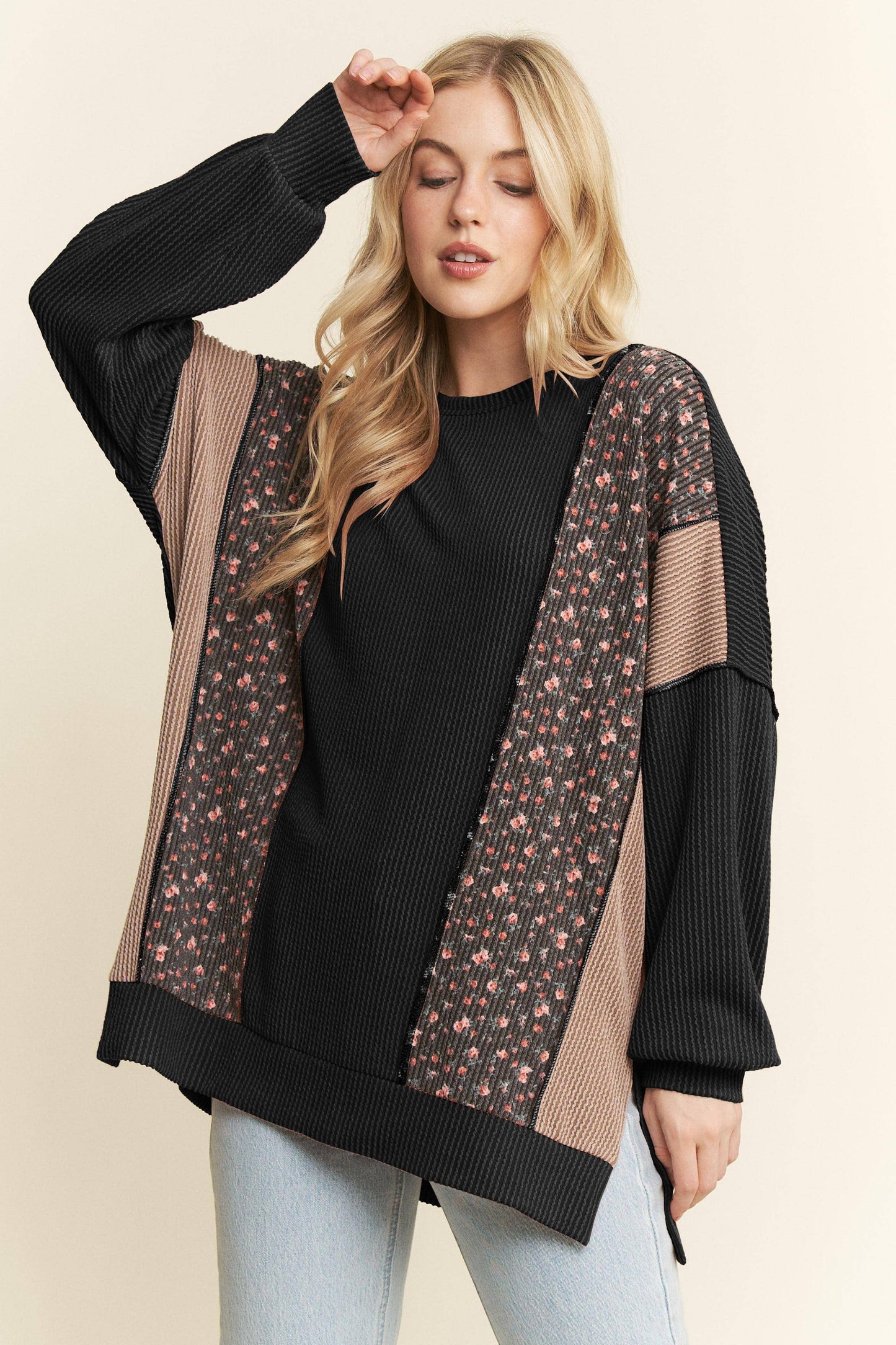 SOLID AND FLORAL URBAN RIB CONTRAST TOP: OLIVE VINTAGE