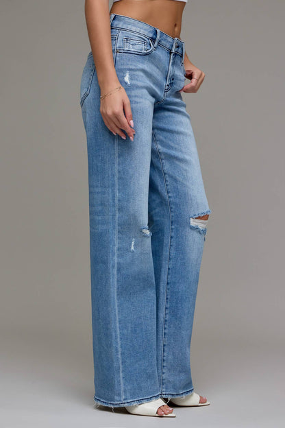 Medium Wash Mid Rise Distressed 33" Inseam Dad Jean