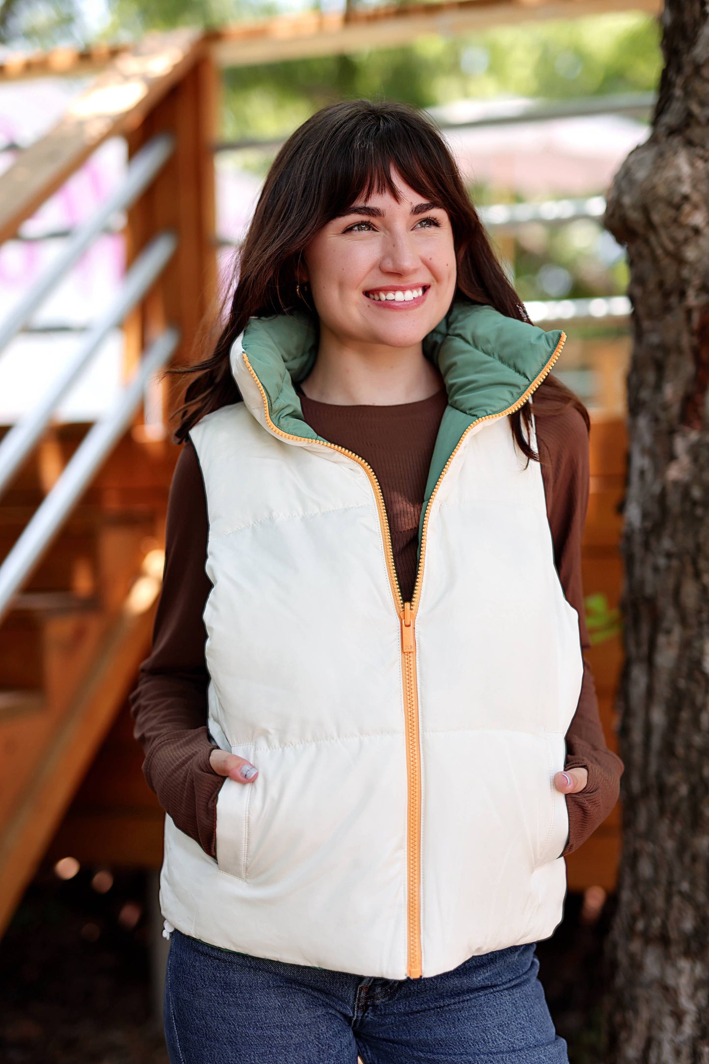 Reversible Quilted Puffer Vest- Olive/Cream