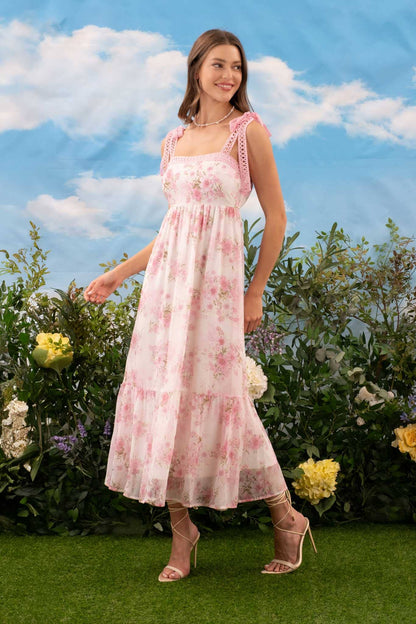 FLORAL CROCHET LACE STRAP MAXI DRESS: PINK MULTI