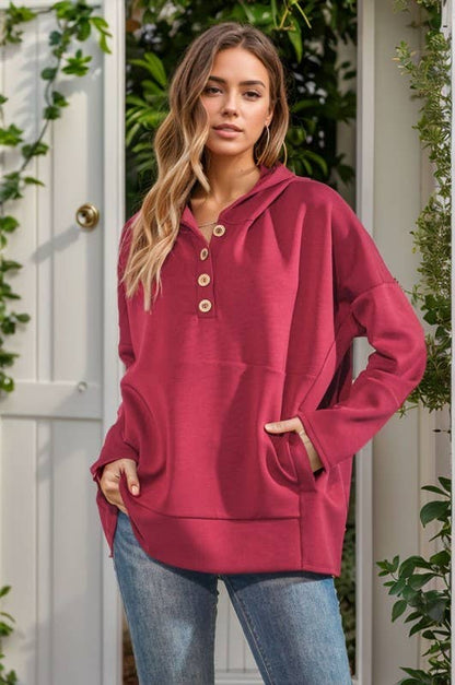 SOLID MODAL SCUBA BOTTON UP HOODIE KANGAROO: Burgundy