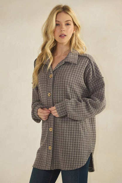 BASIC COLLAR PLAID SHACKET TOP: DK GREY