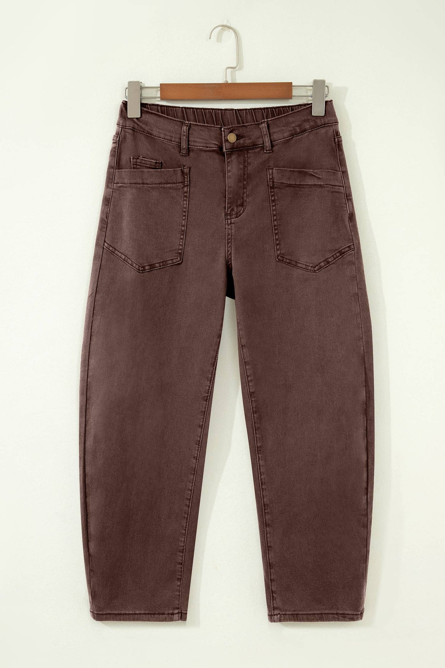 Square Patch Pocket Barrel Jeans - Brown