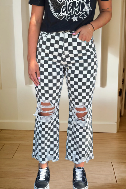 Checker Distressed Raw Edge Cropped Jeans