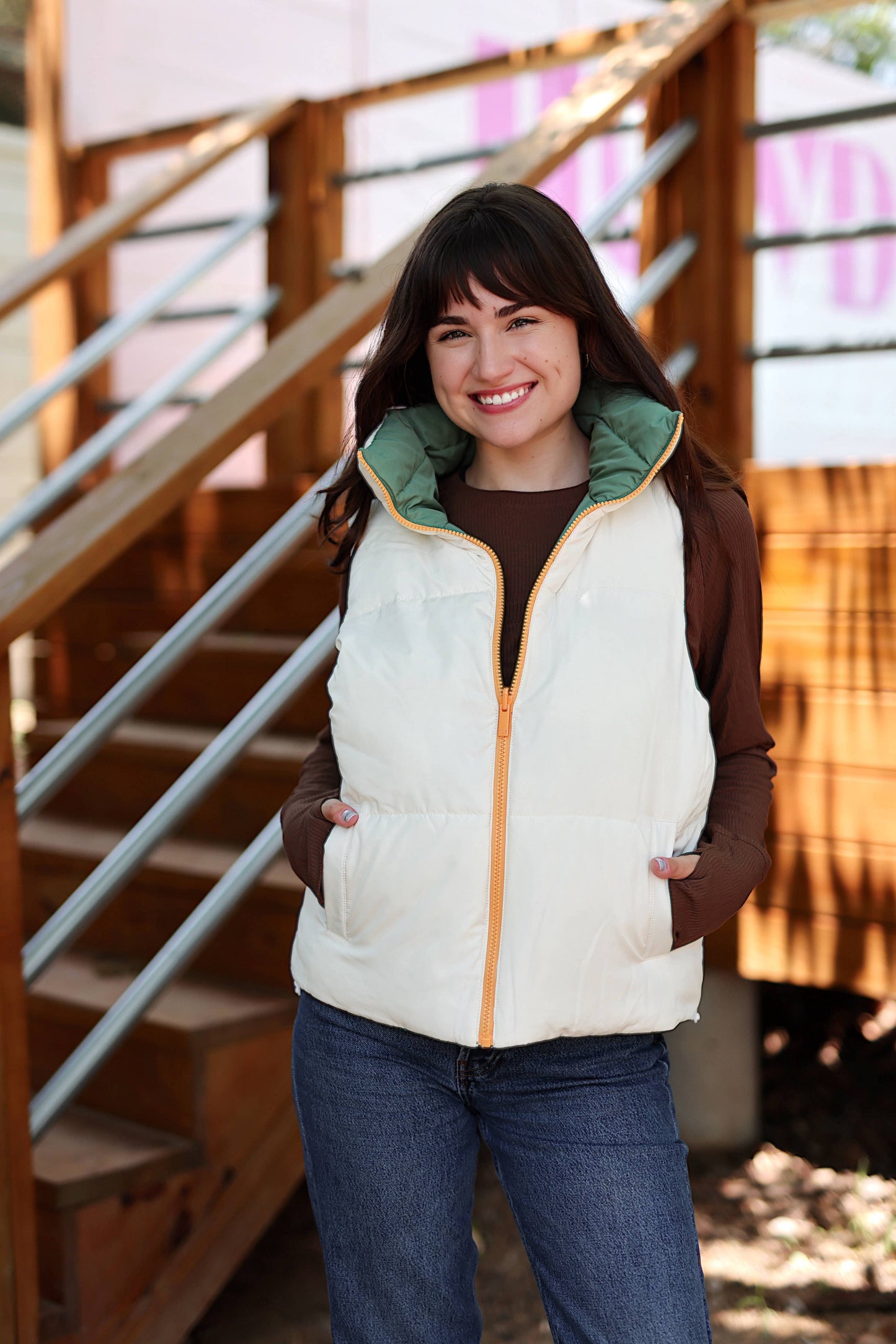 Reversible Quilted Puffer Vest- Olive/Cream