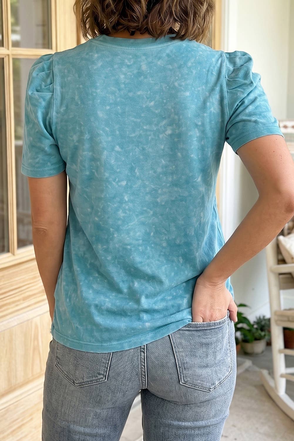 Western Embroidered Puff Sleeve Tee Turquoise