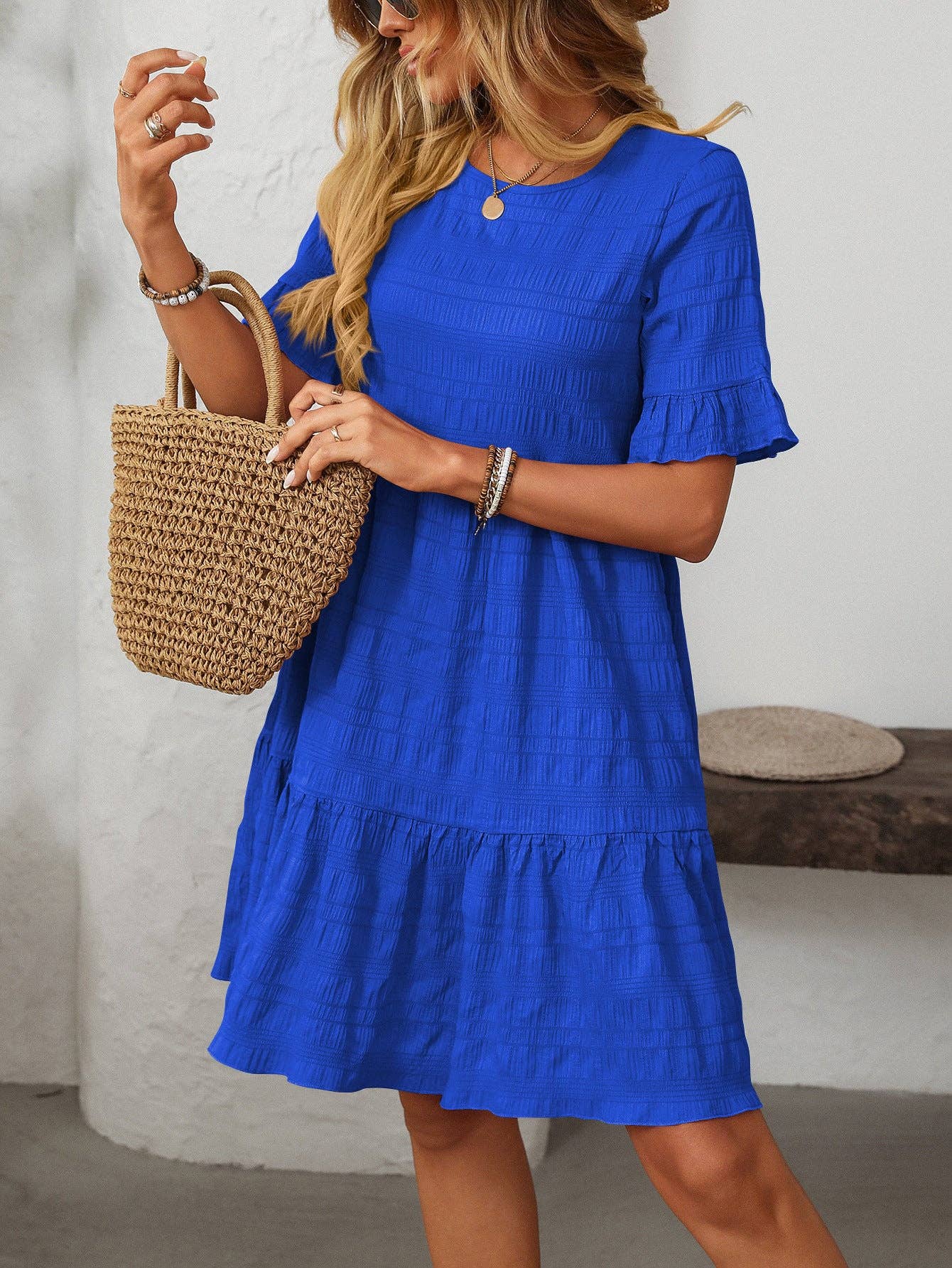Ruffle Sleeve A Line Tiered Flowy Mini Dress: Color blue