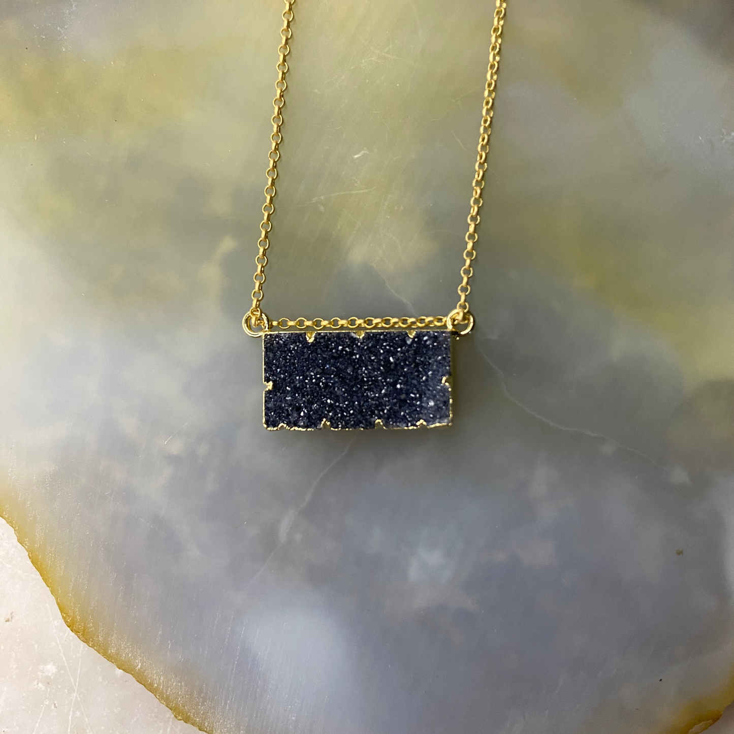 Druzy Agate Rectangle Bar Matte Gold Necklace
