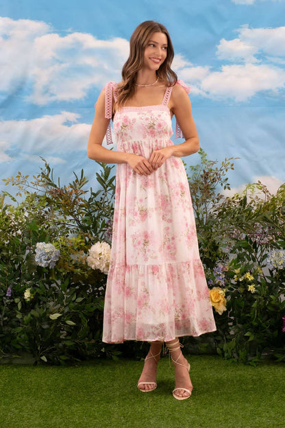 FLORAL CROCHET LACE STRAP MAXI DRESS: PINK MULTI