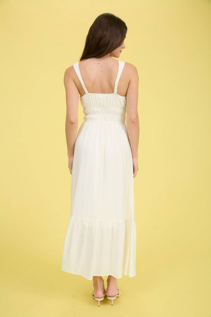 FRONT TIE SLEEVELESS SHIRRED WAIST MIDI DRESS: CREAM