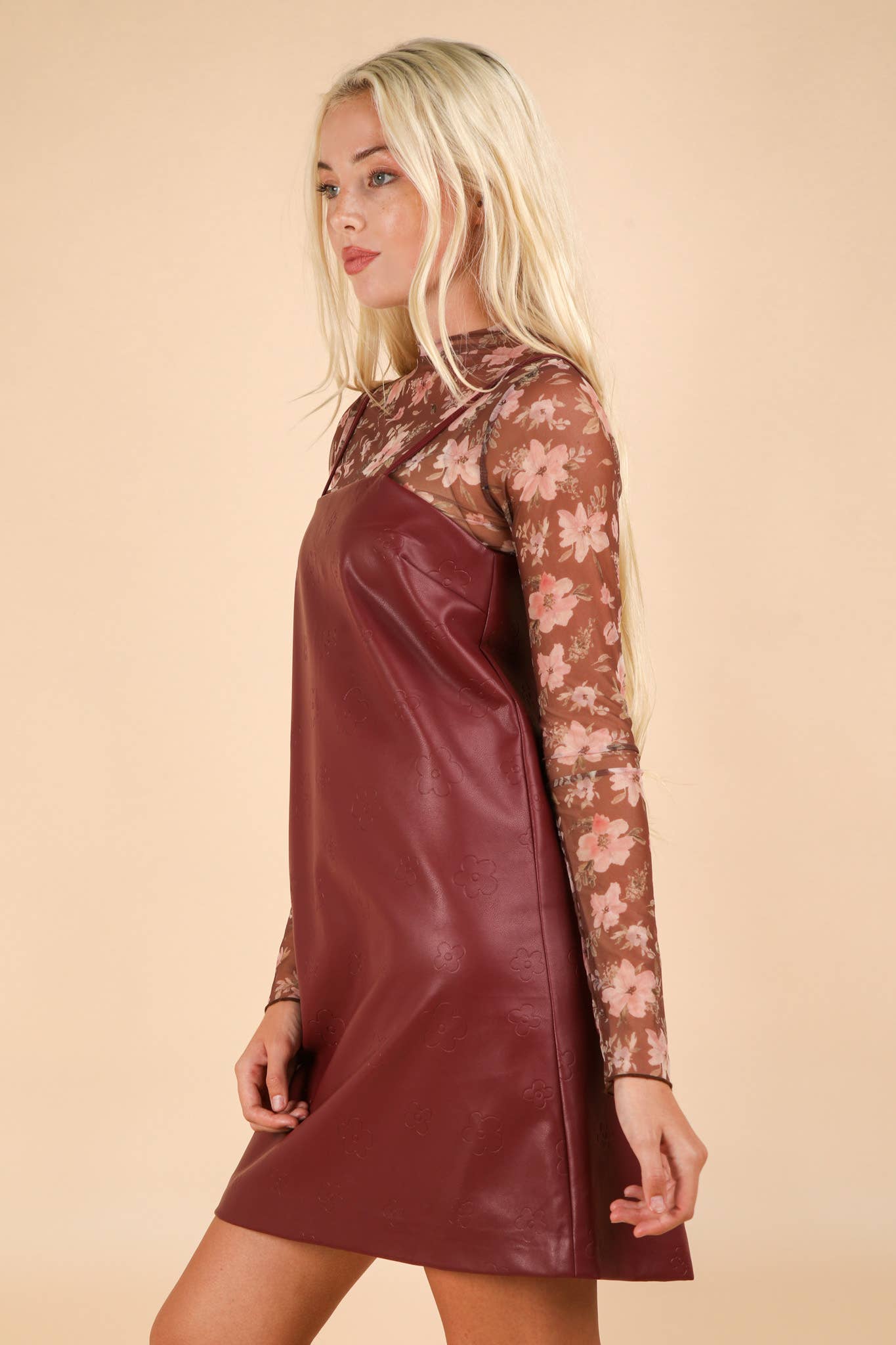 Floral Textured Faux Leather Mini Dress: WINE