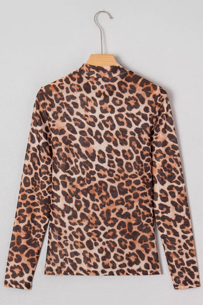 Leopard Mock Neck Mesh Top