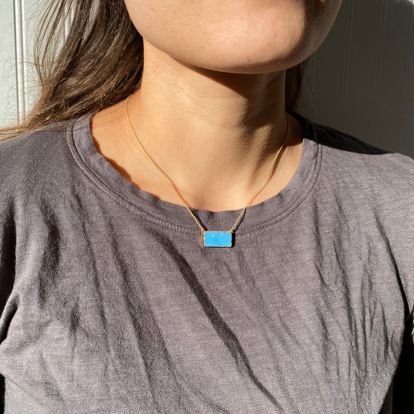 Druzy Agate Rectangle Bar Matte Gold Necklace