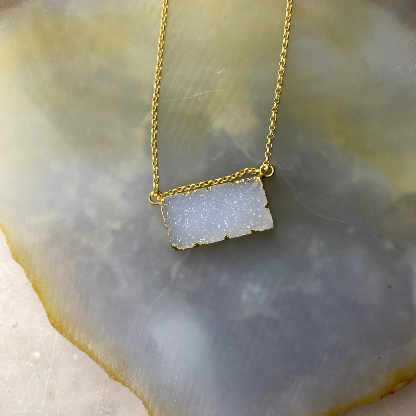 Druzy Agate Rectangle Bar Matte Gold Necklace