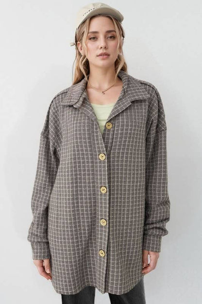 BASIC COLLAR PLAID SHACKET TOP: DK GREY