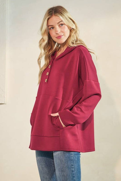 SOLID MODAL SCUBA BOTTON UP HOODIE KANGAROO: Burgundy