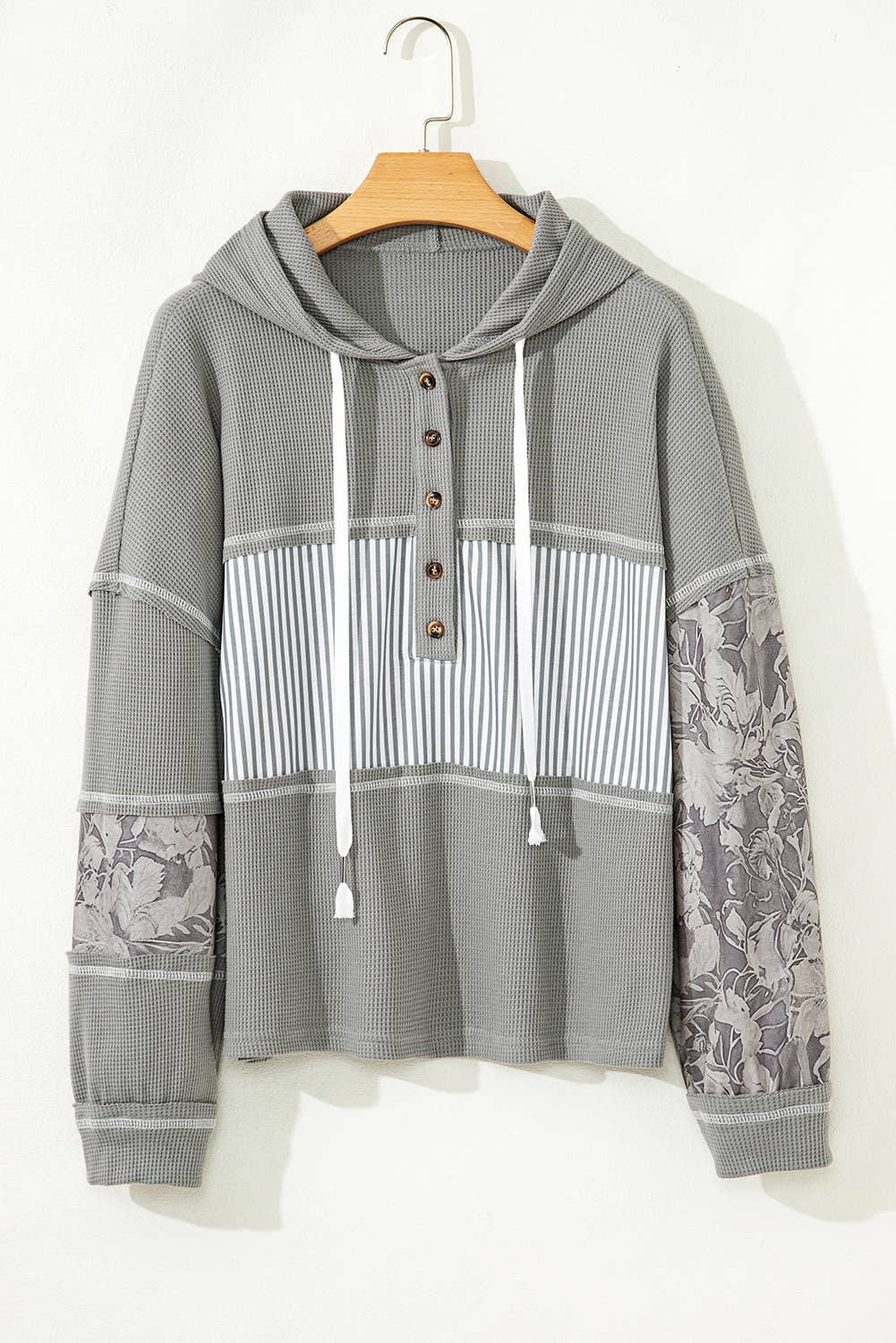Waffle Patchwork Hooded Top - Gray