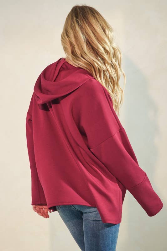 SOLID MODAL SCUBA BOTTON UP HOODIE KANGAROO: Burgundy