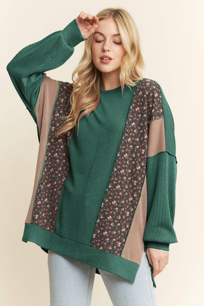 SOLID AND FLORAL URBAN RIB CONTRAST TOP: OLIVE VINTAGE