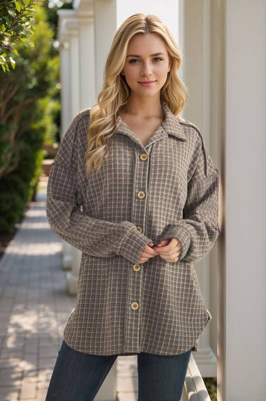 BASIC COLLAR PLAID SHACKET TOP: DK GREY
