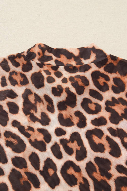 Leopard Mock Neck Mesh Top