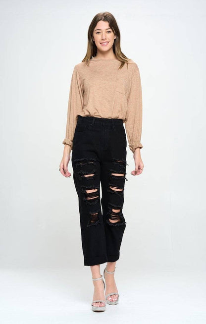HIGH RISE RIPPED BOYFRIEND JEANS: BLACK