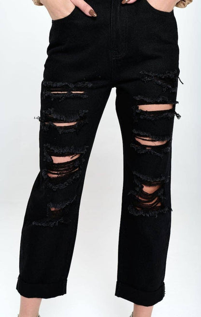 HIGH RISE RIPPED BOYFRIEND JEANS: BLACK