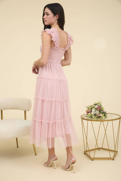 POLKA DOT CHIFFON SMOCKED TIERED MIDI DRESS: PINK