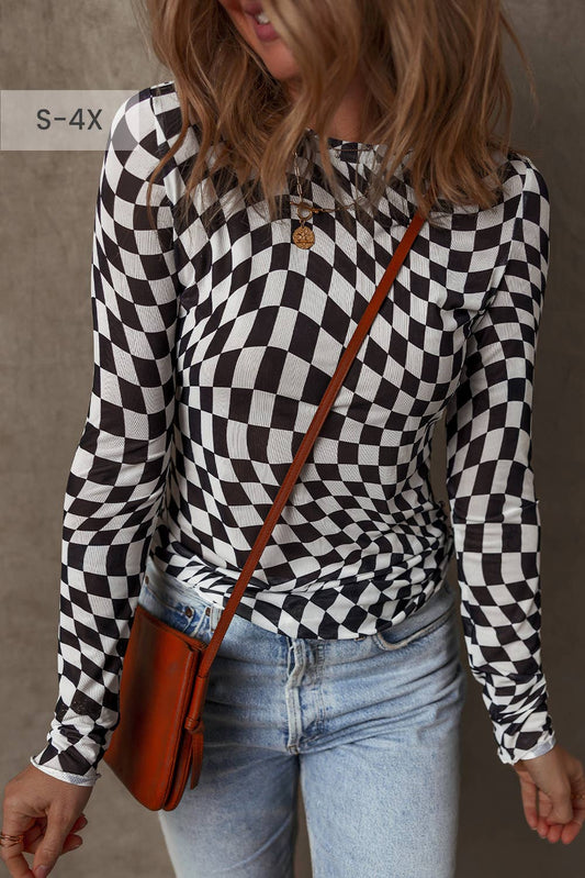 Checkered Mesh Mock Neck