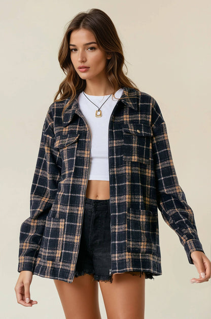 BRUSHED PLAID OVERSIZED ZIP UP SHIRT JACKET - BLACK