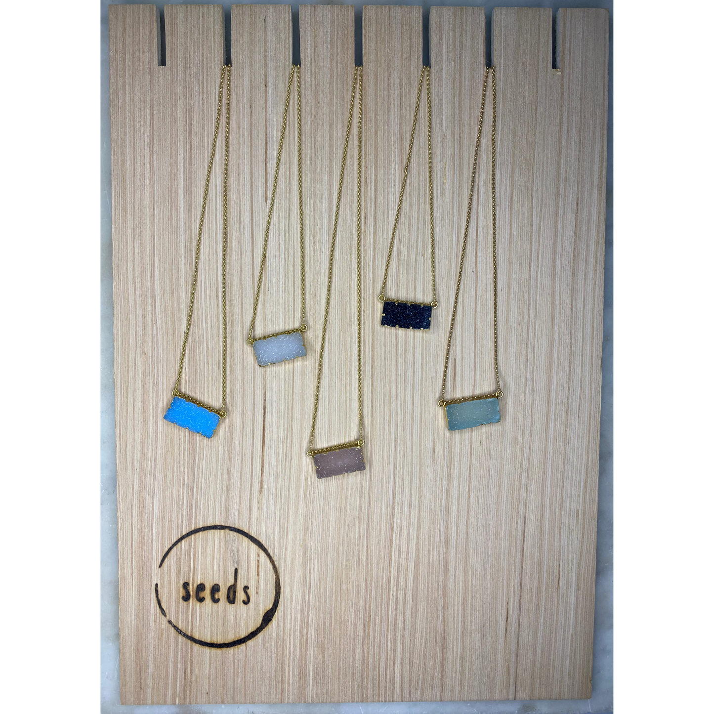 Druzy Agate Rectangle Bar Matte Gold Necklace