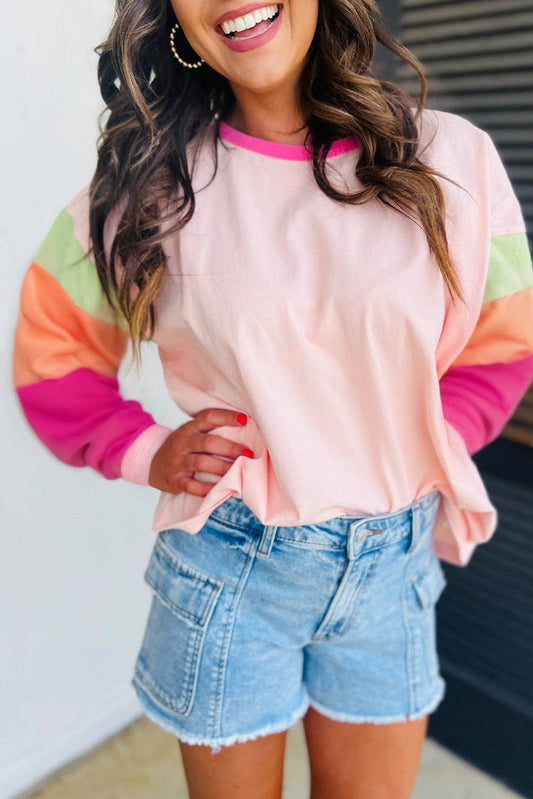 Colorblock Patchwork Long Sleeve: Pink