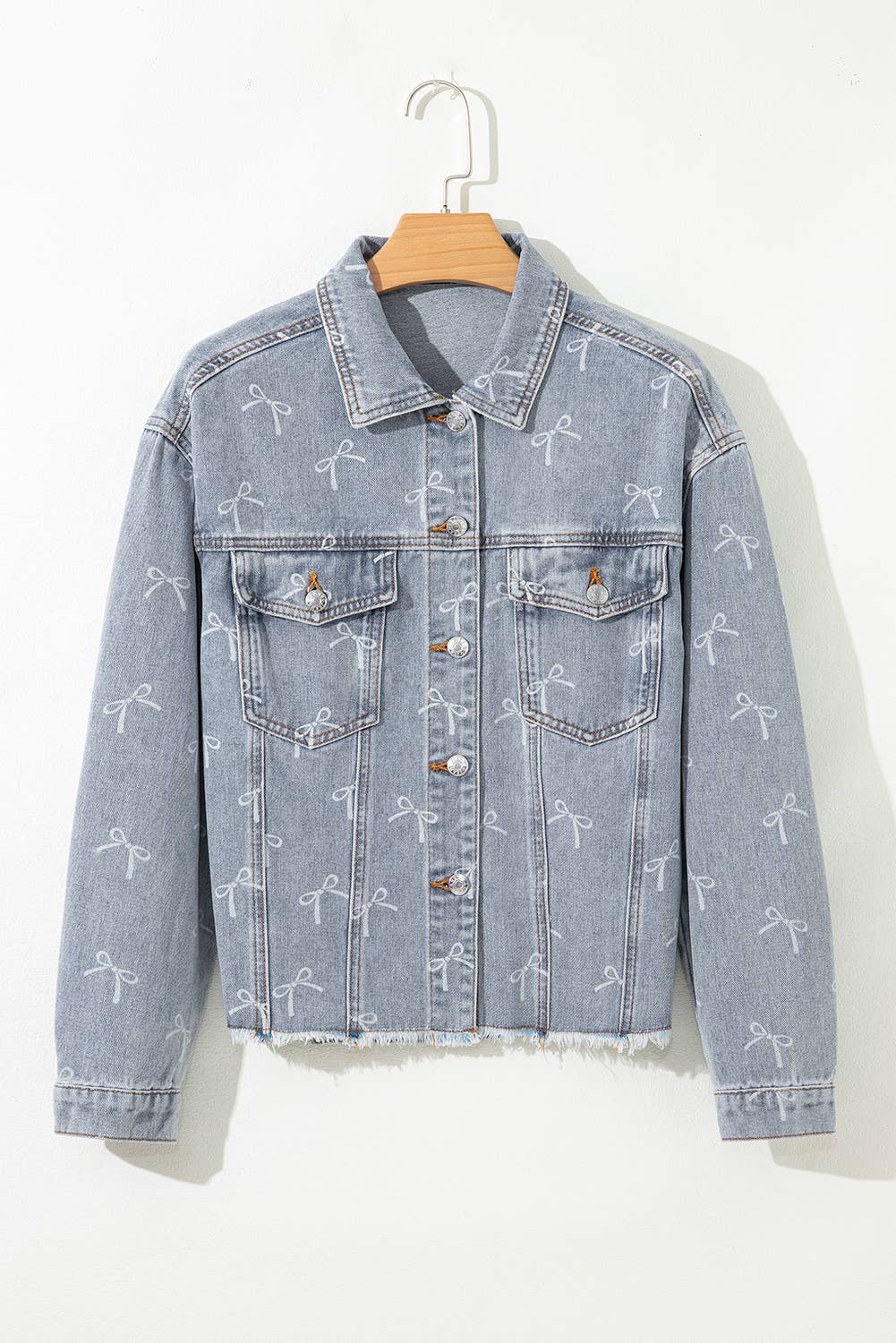 Bow Light Wash Raw Hem Denim Jacket