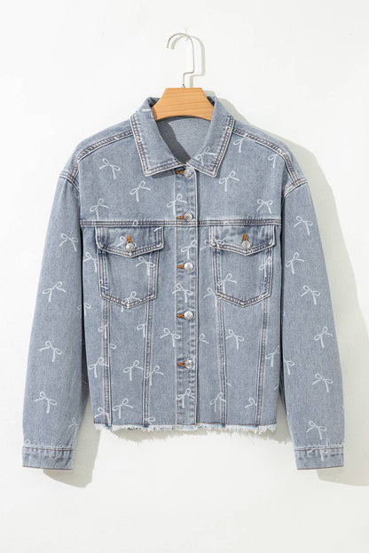 Bow Light Wash Raw Hem Denim Jacket