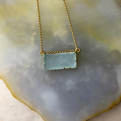 Druzy Agate Rectangle Bar Matte Gold Necklace