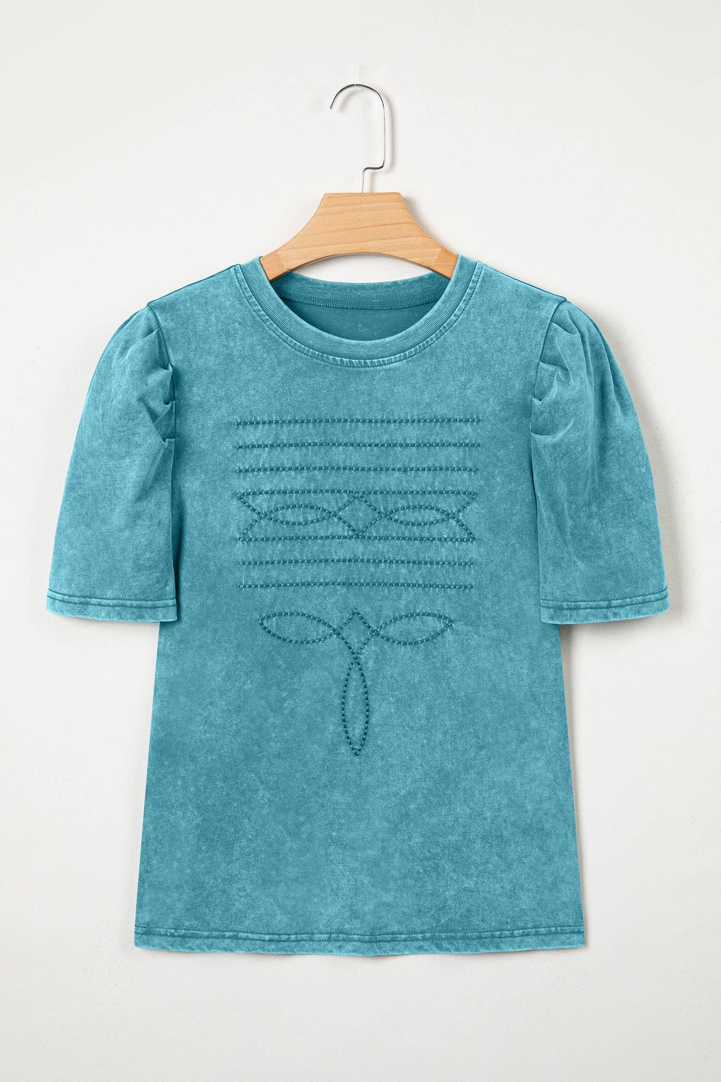 Western Embroidered Puff Sleeve Tee Turquoise