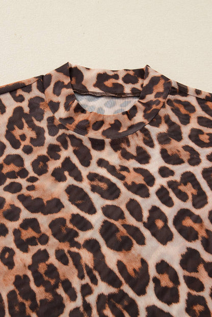 Leopard Mock Neck Mesh Top