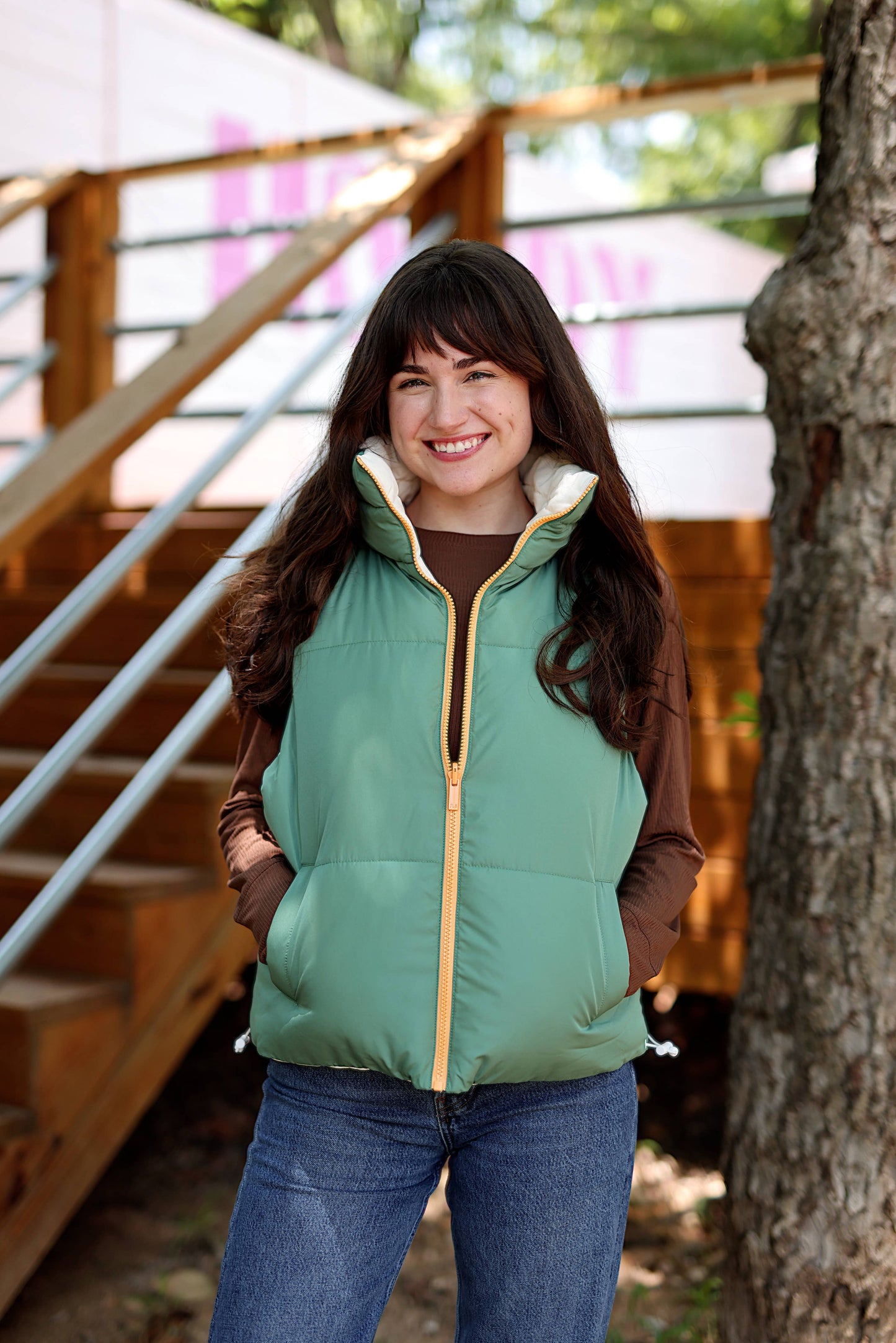 Reversible Quilted Puffer Vest- Olive/Cream