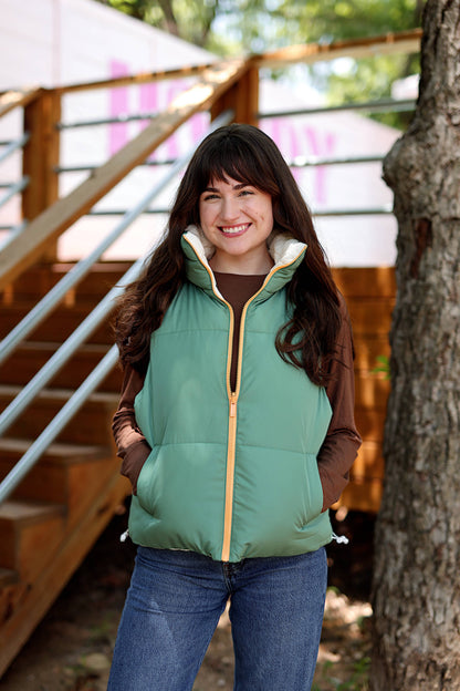 Reversible Quilted Puffer Vest- Olive/Cream