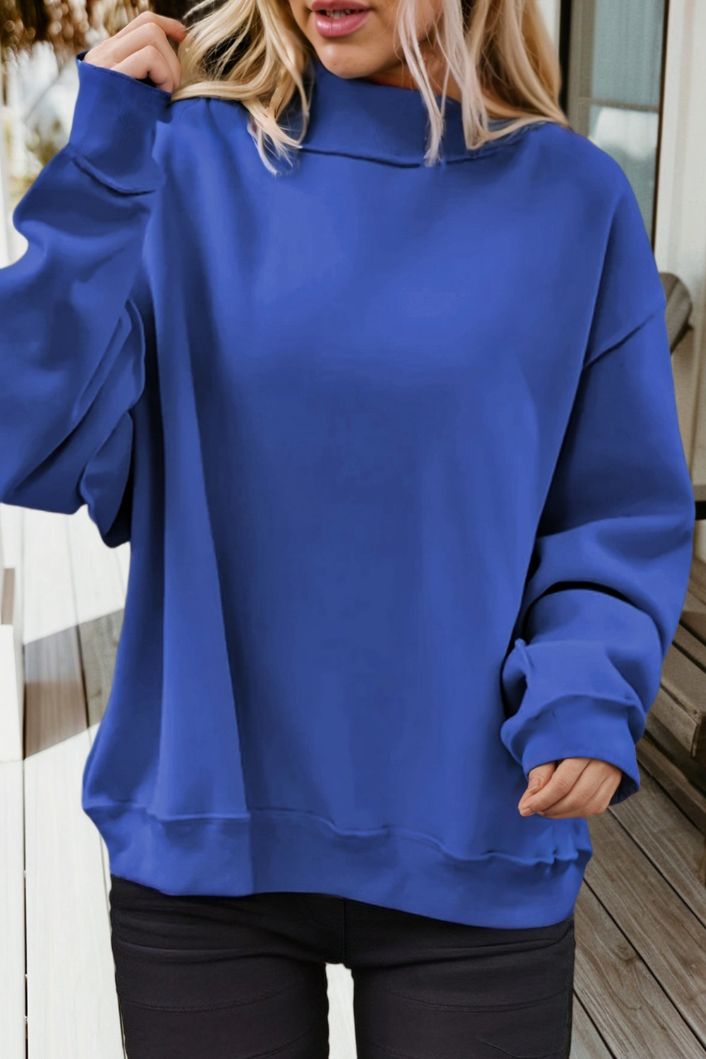 Oversize Reversible Mock Neck Blue